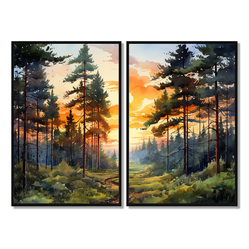 «Pine Tree Sunset Glow I», art sur toile grand pin, Noir, Reproduction encadrée sans passe-partout, H 36 po x l 48 po