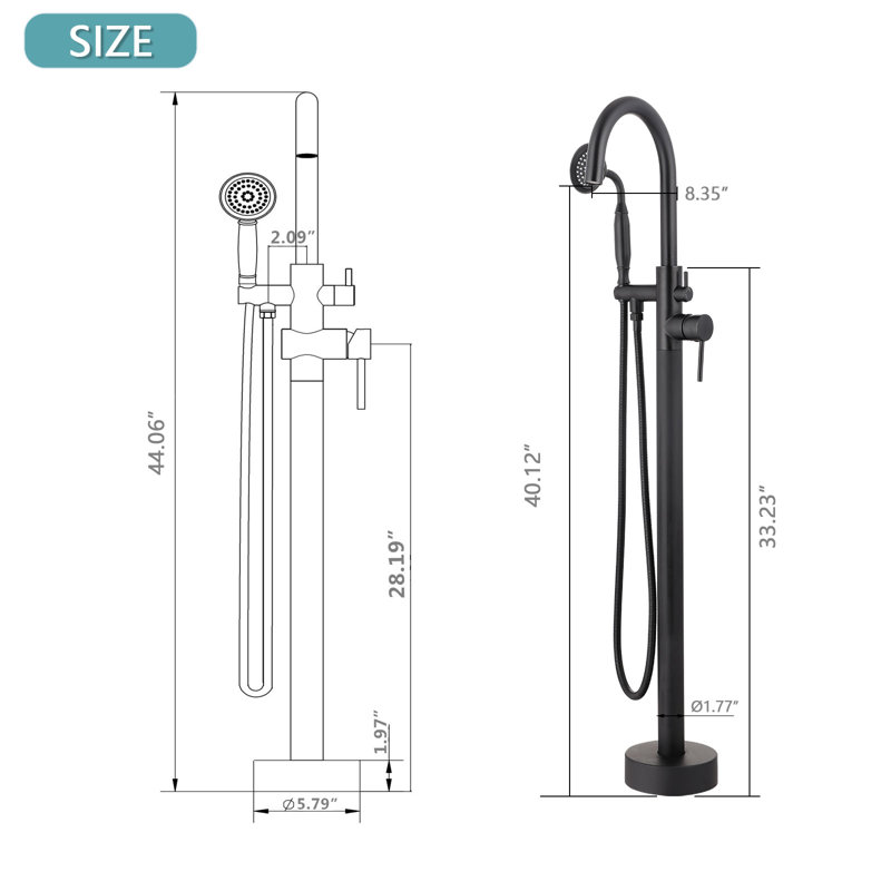 2 Handle Floor Clawfoot Tub Faucet with Diverter, Matte Black