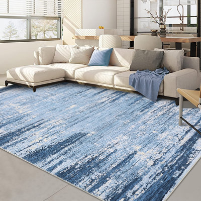 Washable 5x7 Living Room Rug Modern Abstract Striped Indoor Carpet Stain Resistant Easy Cleaning Low Pile Floor Cover Soft Folding Area Rug For Bedroom Dining Room Office,Blue/Grey