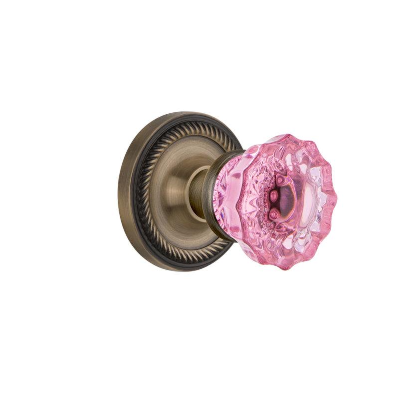 Rosette en corde avec bouton de porte rose cristal, Laiton antique, 2 3/8
