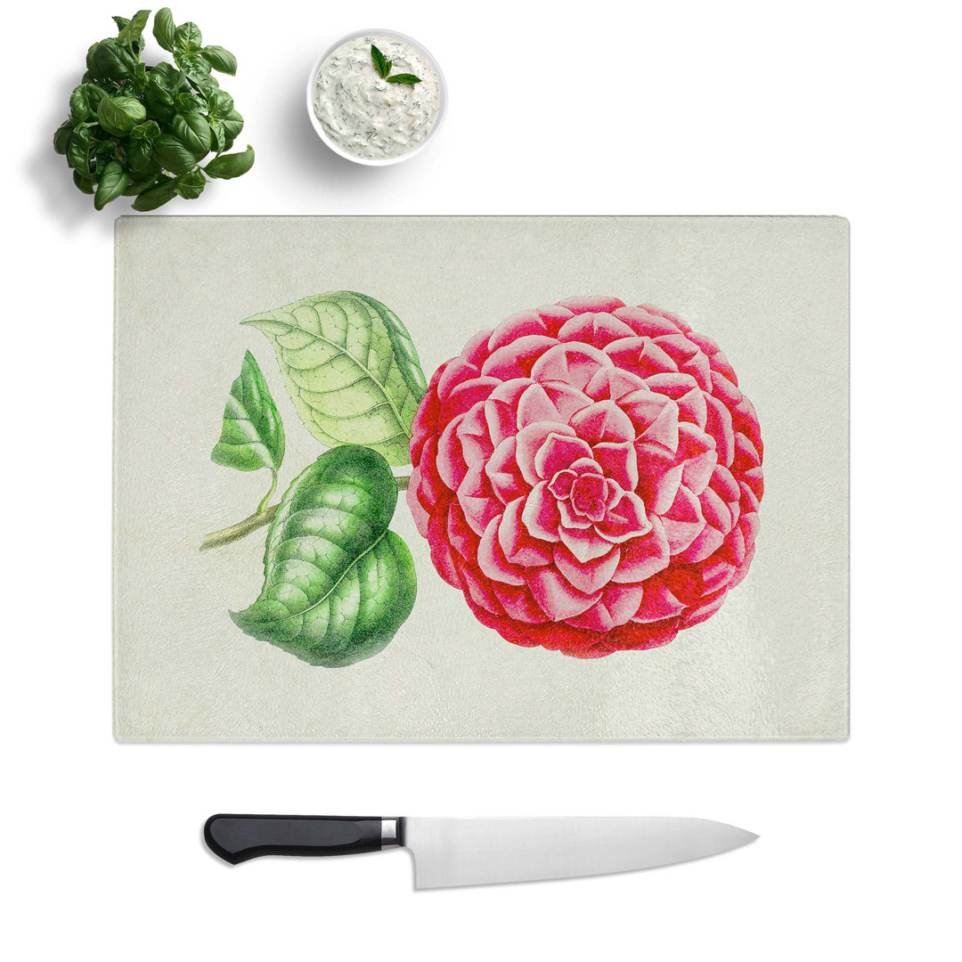 Tempered Glass Camellia Flower Illustration Chopping Board