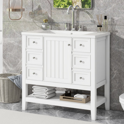 Meuble-lavabo de 36 po avec lavabo, une armoire et trois tiroirs, bois massif et panneau de fibres à densité moyenne