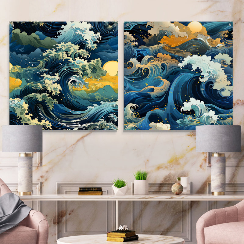 Sunrise Hokusai Waves, motif japonais I - ensemble d'art mural en verre acrylique côtier, H 16 po x l 33 po
