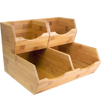 Bamboo Pantry Storage Bins – Stackable Potato & Onion Storage Bin for Kitchen Countertop, Pantry Organizer, Fruit Vegetable Basket, Multiuse - Set of 3 Slide-Out Access