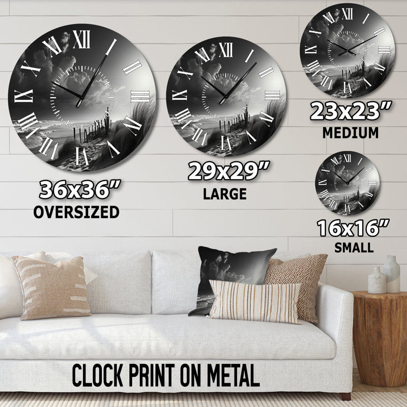 Noir et blanc plage paysage II - horloge murale bord de mer plage blanche, Surdimensionné
