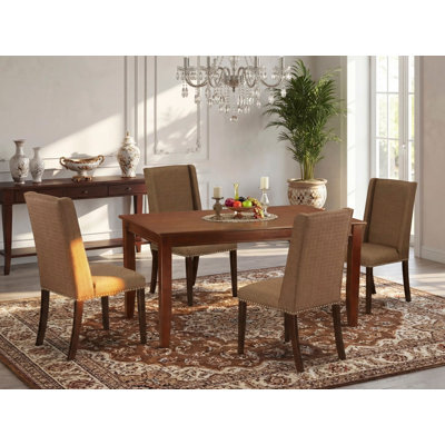 5 Piece Dining Set Includes a Rectangle Dining Room Table and 4 Brown Linen Fabric Upholstered Parson Chairs, Mahogany