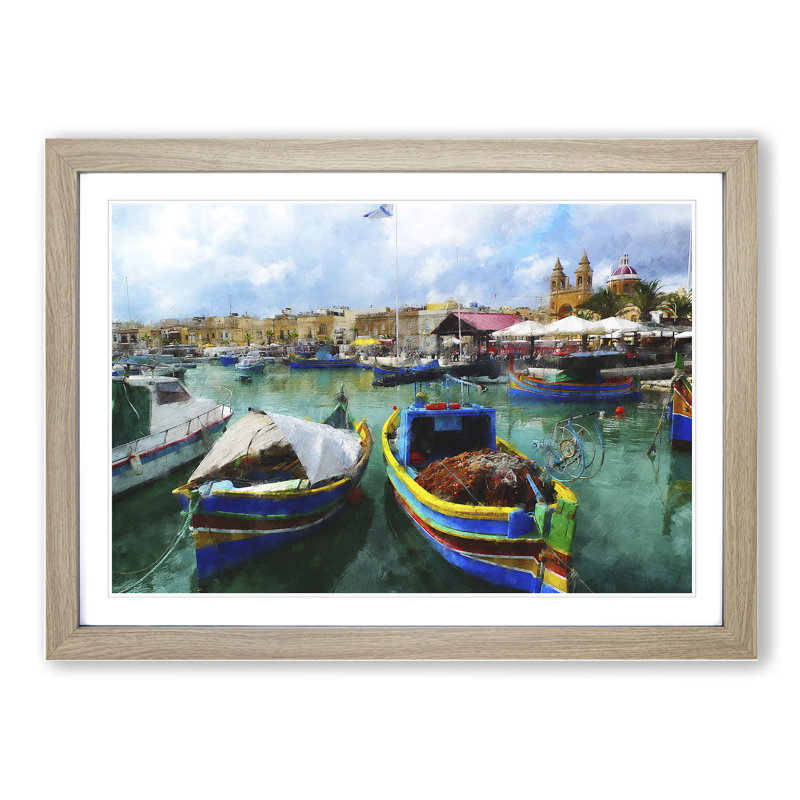 Fishing Boats in Malta - Picture Frame Graphic Art on MDF, 36cm H x 48cm W x 2cm D, Oak Framed