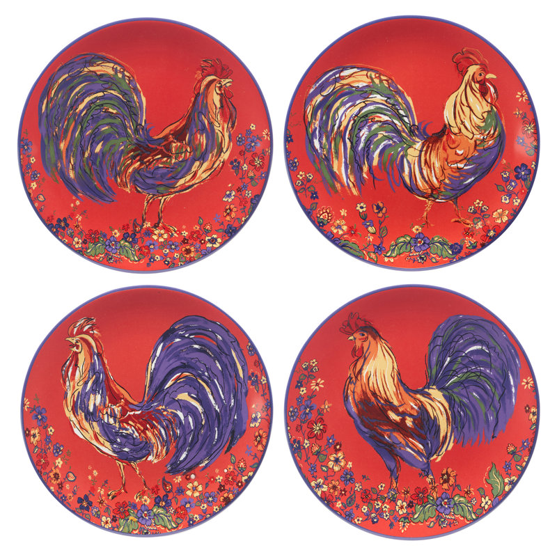 Vibrant Red Ceramic Rooster 9" Salad/Dessert Plates Set