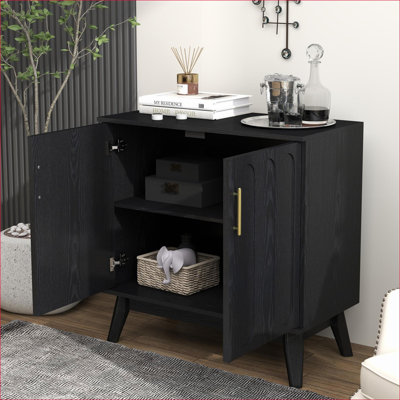 Cabinets, buffet cannelé moderne Mid-Century avec tablettes réglables Trou de sortie, brun noyer | Bois massif et panneau de fibres à densité moyenne | Moderne