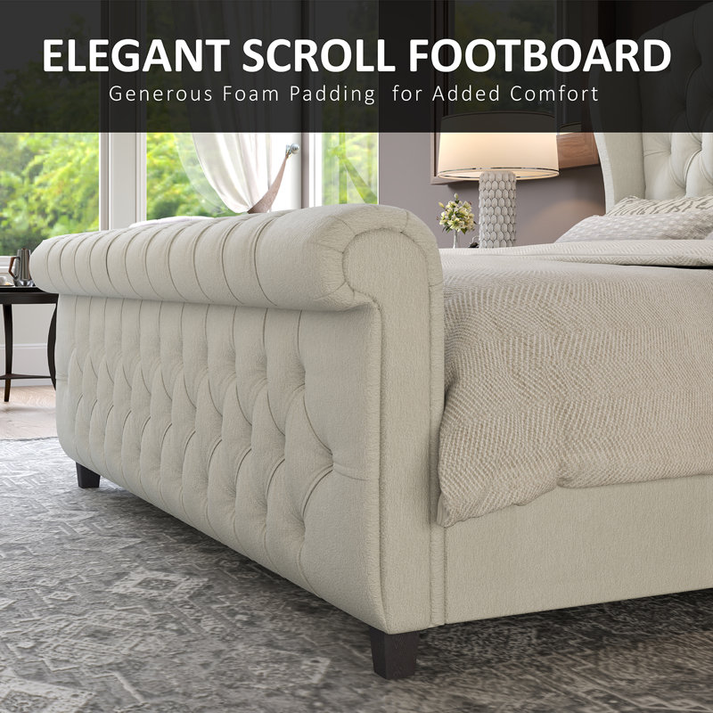 Dulane Velvet Upholstered Sleigh Bed with Scroll Wingback Headboard