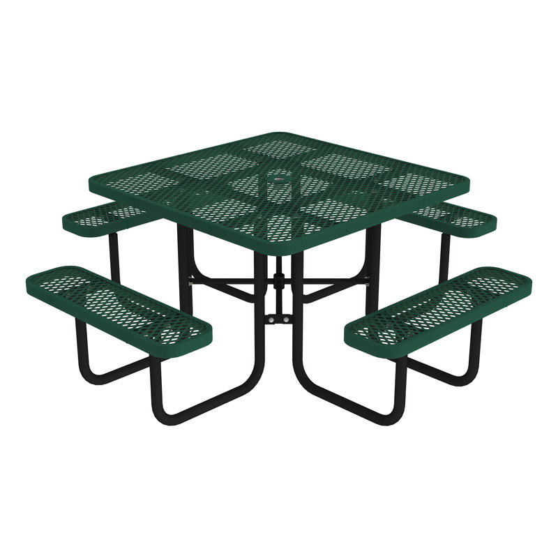 Open Air Series Square Picnic Table with Benches, Umbrella Hole, and Surface Mount, Vert/noir