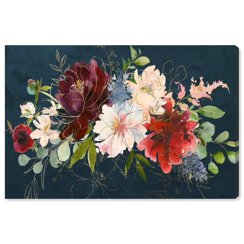 Automne floral bleu marine - Impression sur toile, H 24 po x l 36 po, Toile tendue