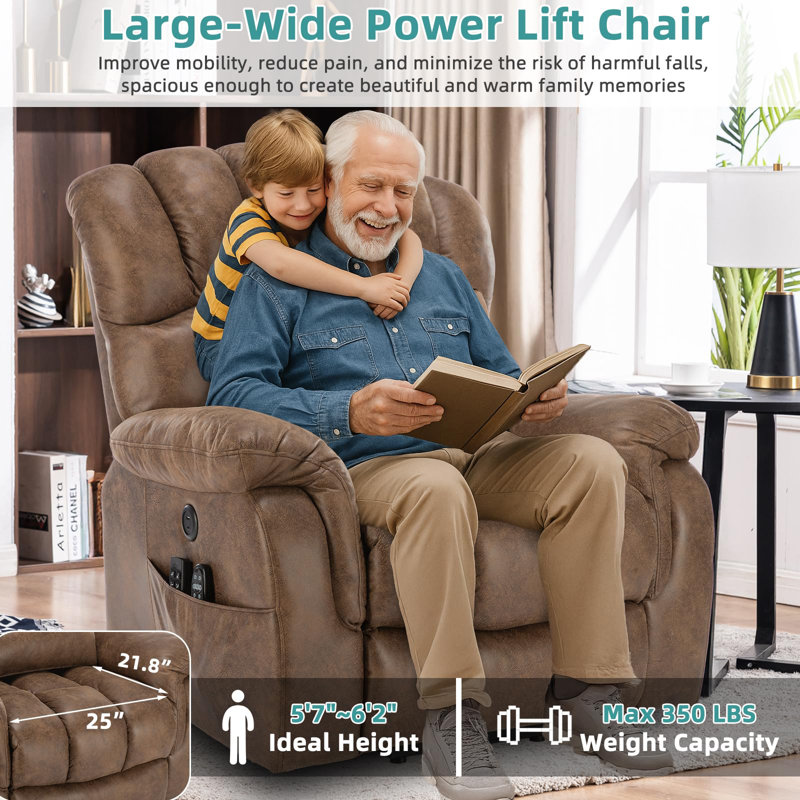 Meetwarm Oversized Dual Motor Power Lift Chair With Extended Footrest For Big Tall Elderly, Infinite Position Lay Flat Sleeper Electric Recliner, Heat Massage, Lumbar Pillow, Usb & Type-C Ports