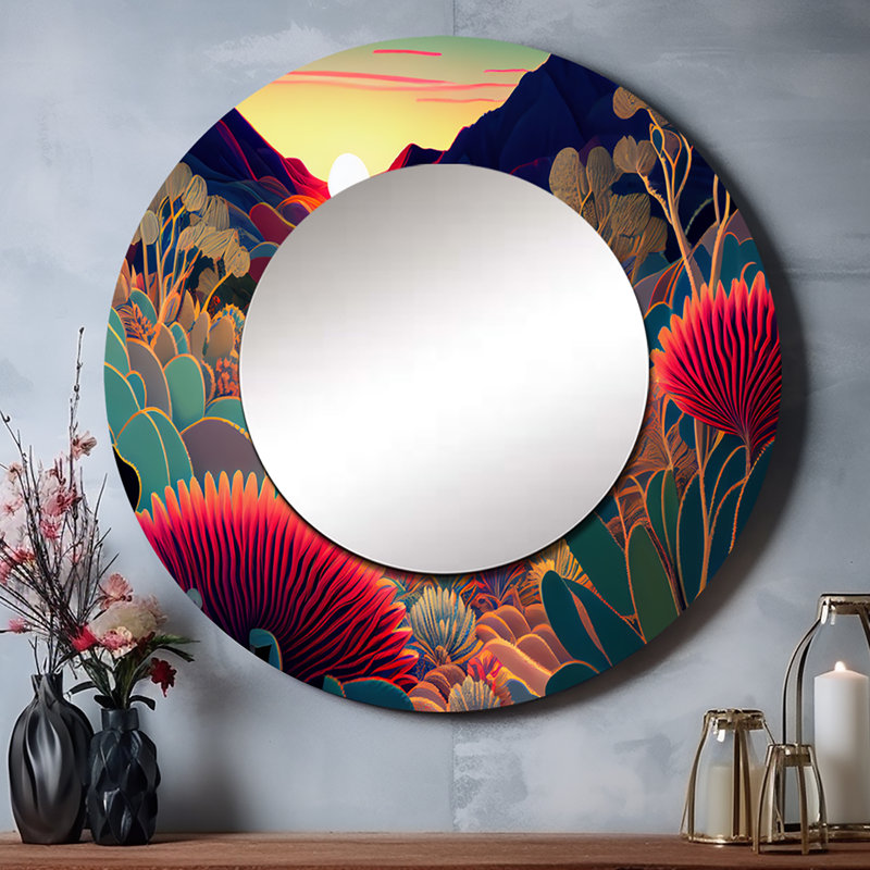 Fleurs colorées pendant l'heure dorée I - décor de miroir mural unique de montagnes, grand miroir rond traditionnel, impression d'art en métal