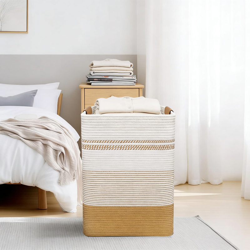 Grand panier à linge tissé avec poignées en cuir - Rangement décoratif 85L pour vêtements, couvertures, jouets | Durable et élégant pour le salon, la chambre à coucher