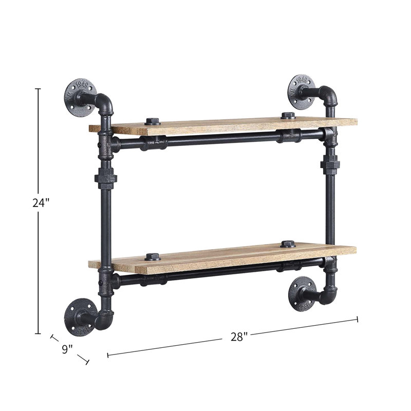 2 Tier Wall Shelving, Oak And Sandy Black, Metal Frame, Water Pipe Style, 9"W Shelf, 12" For Office Decor Display Style Finish, Metal, Gap Home Storage