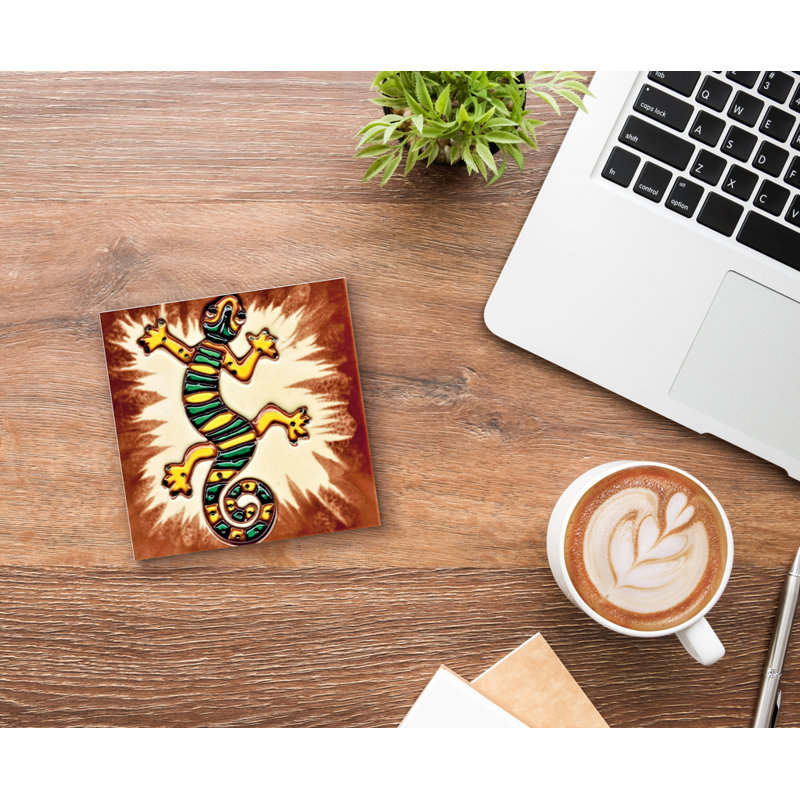 Hand Painted Glossy Ceramic Tile with Green Lizard Design