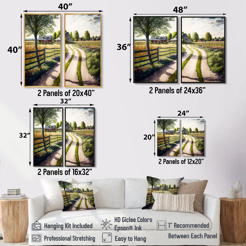 Calm Red Barn In Spring IV - Large Barn Landscape Art mural 2 pièces, 32" H x 32" W, Impression encadrée flottante, Gold