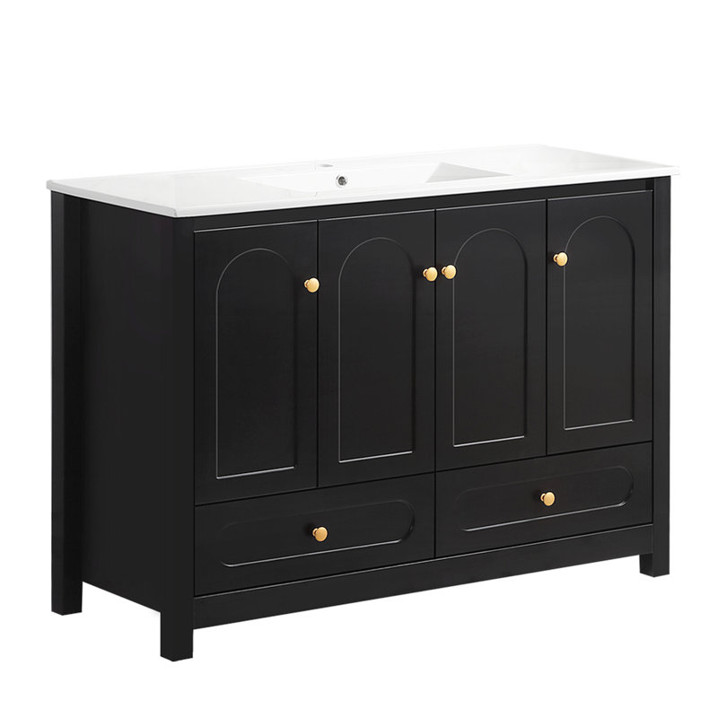 Meuble-lavabo noir de 48 po avec 4 portes coulissantes et 2 tiroirs, structure en bois massif, fabrication en douceur, fermeture en douceur pour une utilisation silencieuse, meuble-lavabo à conception polyvalente et intemporelle, rangement à tiroirs, matériau,