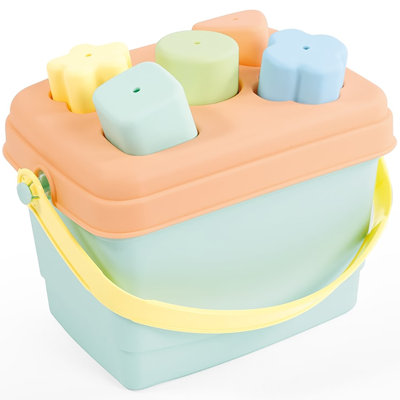 Dolu: Trieur de formes - Seau - Jouet de tri et de jeu 7 pièces, 5 blocs de formes et découpes assorties, sac de rangement pour couvercles, couleurs pastel douces, enfant et tout-petit de 12 mois et plus