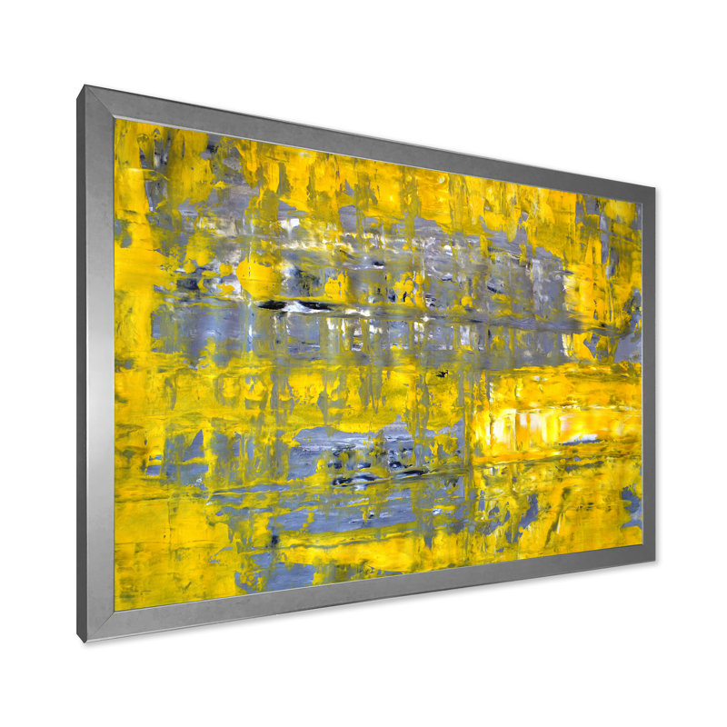«Yellow Meets Gray Abstract Art I», peinture sur toile, H 16 po x l 32 po x p 1 po, Cadre photo argenté