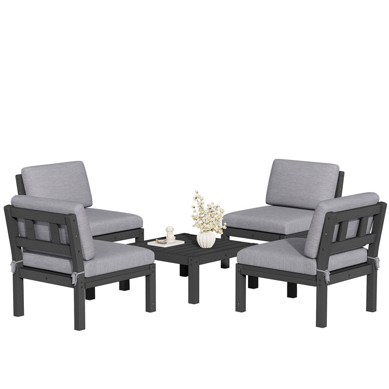 Ensemble de conversation modulaire de patio pour 4 personnes avec coussins, ensemble de conversation 5 pièces imperméable toutes saisons pour l'extérieur, noir