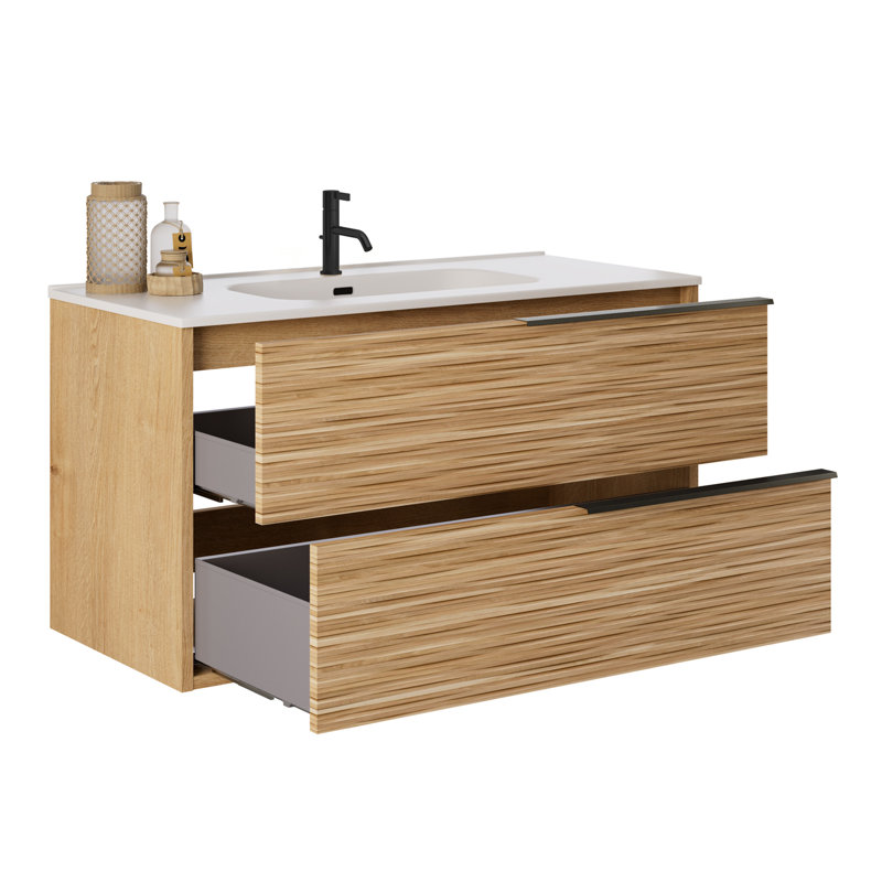 Kora 40" Bamboo Faux Finish Wall-Mounted Single Bathroom Vanity with Integrated Ceramic Top & Handles,  Black