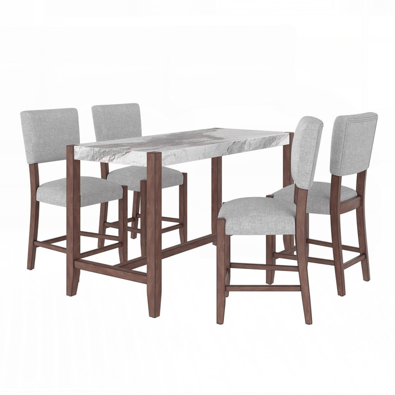 Table de salle à manger à hauteur de bar moderne et chaises rembourrées en lin, peu encombrantes et élégantes pour les espaces de vie compacts