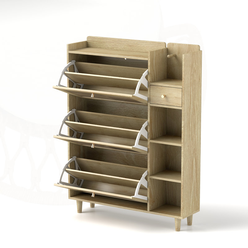 Natural Bohemia Style Shoe Cabinet with 3 Rattan Flip Drawers, 3 Cube Shelves, and 1 Storage Drawer for Hallway and Entryway