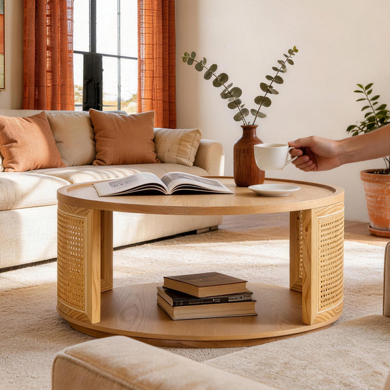 31.5'' Vintage Rattan Woden 2-tier Solid Natural Wood Round Coffee Table For Living Room&bedroom, Natural Wood