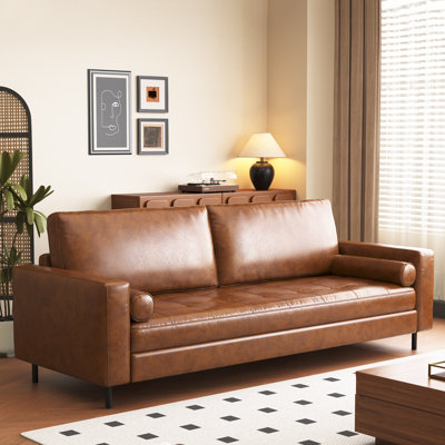 80.31 Inch Mid Century Modern Genuine Leather Sofa With Solid Wood Frame And Metal Legs