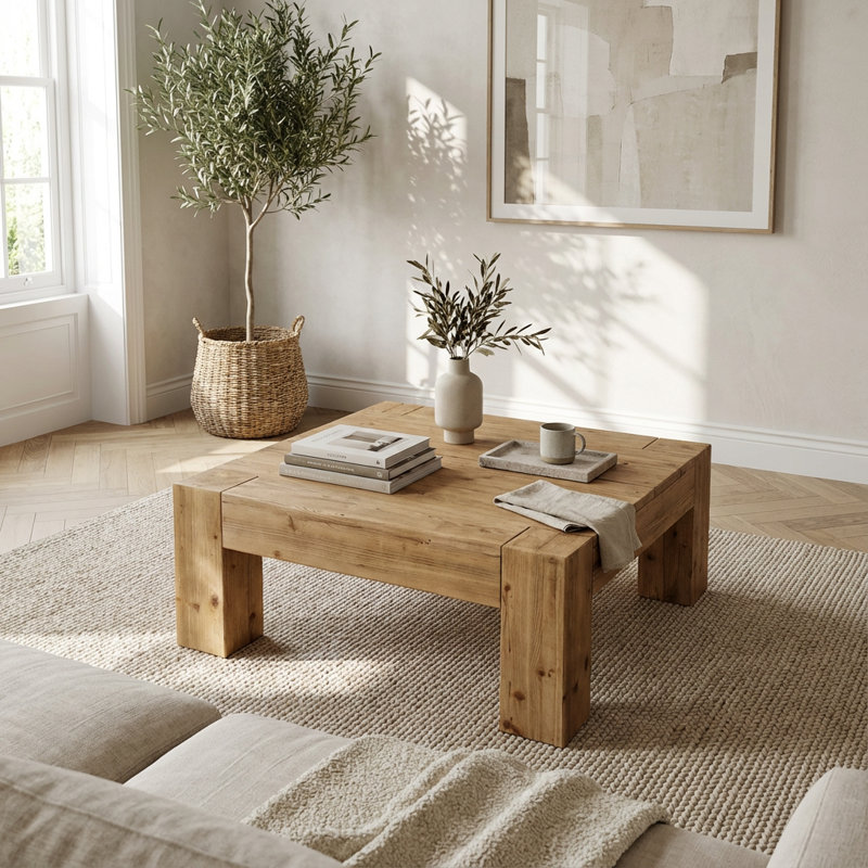 Minimalist Solid Wood Coffee Table with Block Legs, Wabi-Sabi and Nordic Style Design