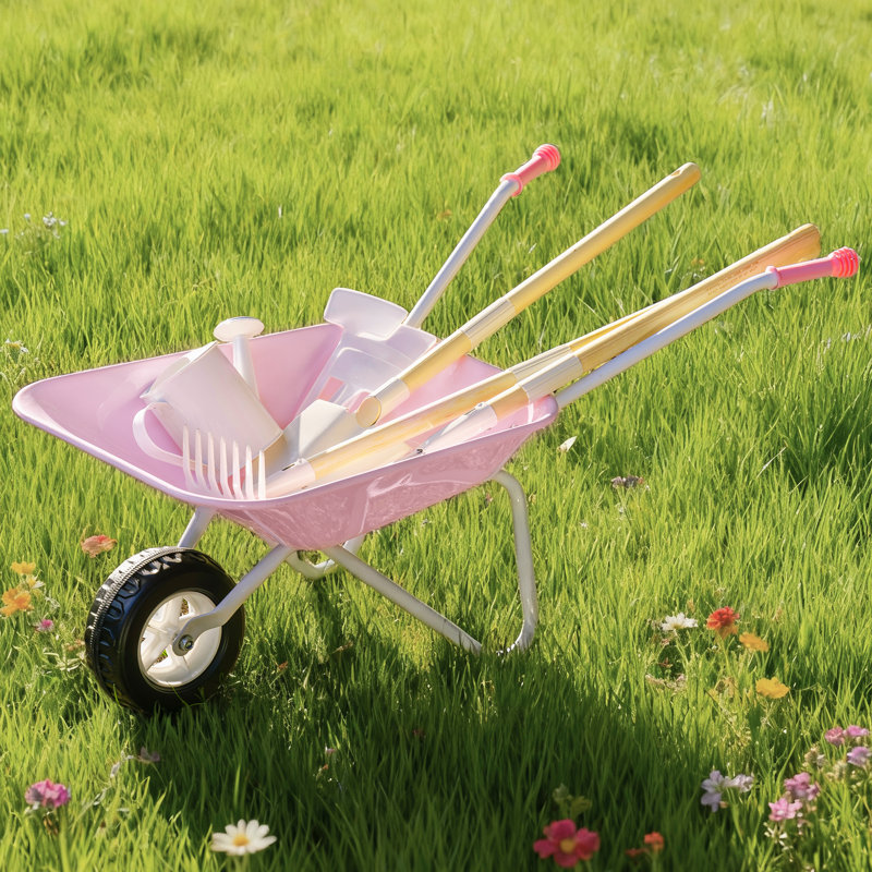 Kids Wheelbarrow With Gardening Tools Set-9pcs Metal, Rose