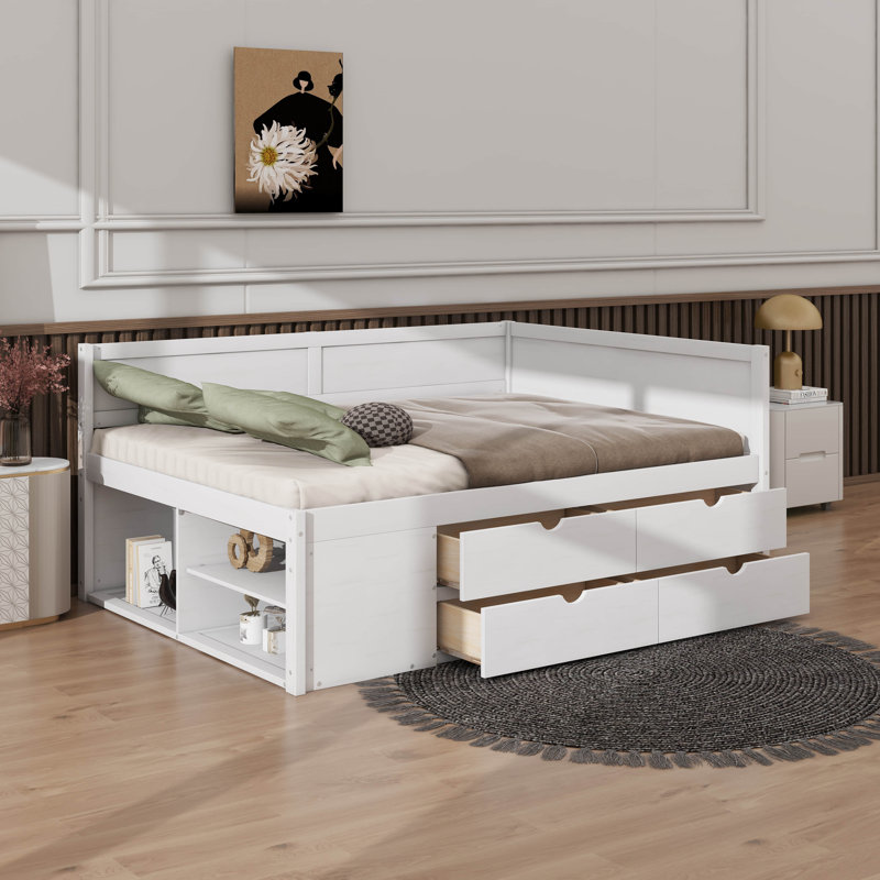 Full Size Daybed With Drawers And Shelves, White