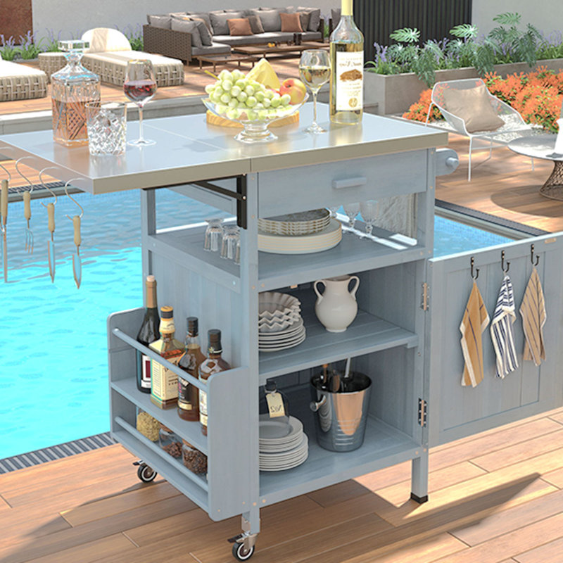 Chariot de cuisine à roulettes 40,5 "avec roues verrouillables, table de chariot de barbecue extérieure avec table d'appoint pliable, armoire de table de barbecue mobile avec abattant pour jardin, brun