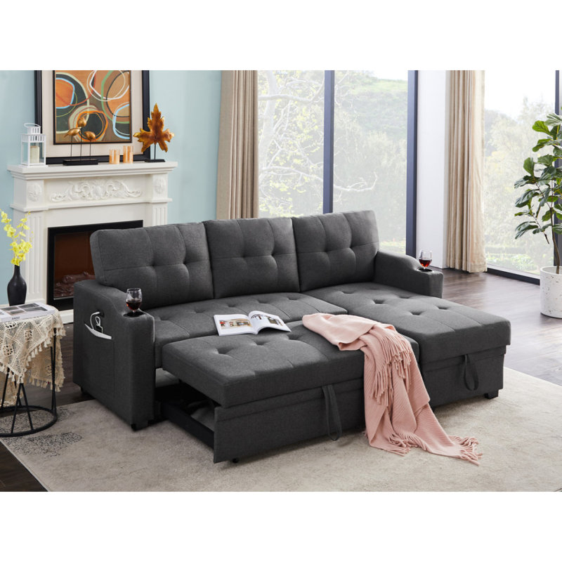 Canapé-lit modulaire en tissu de lin 83 po avec porte-gobelet, port de chargement USB et poche Modern
