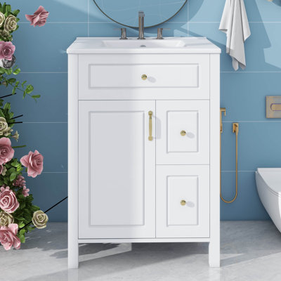 Meuble-lavabo de 24 po avec lavabo en céramique, 1 porte à fermeture en douceur et 2 tiroirs à fermeture en douceur