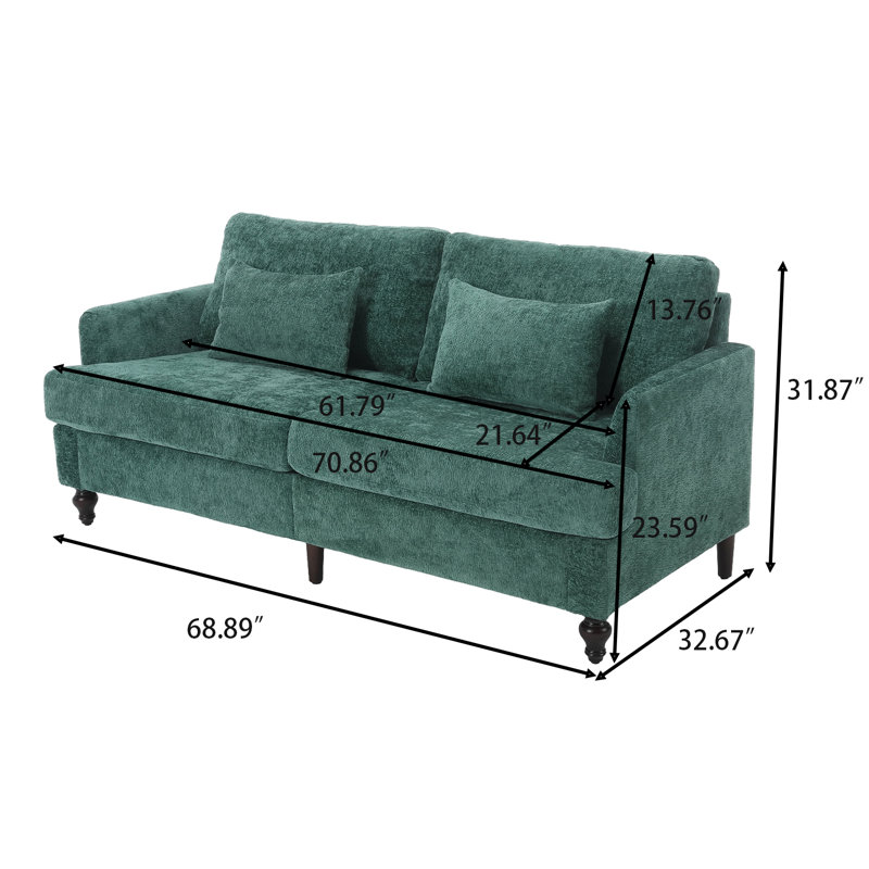 Modern Chenille Fabric Loveseat Sofa with Pillows, Breathable Upholstery and Wood Legs for Living Room, Emerald