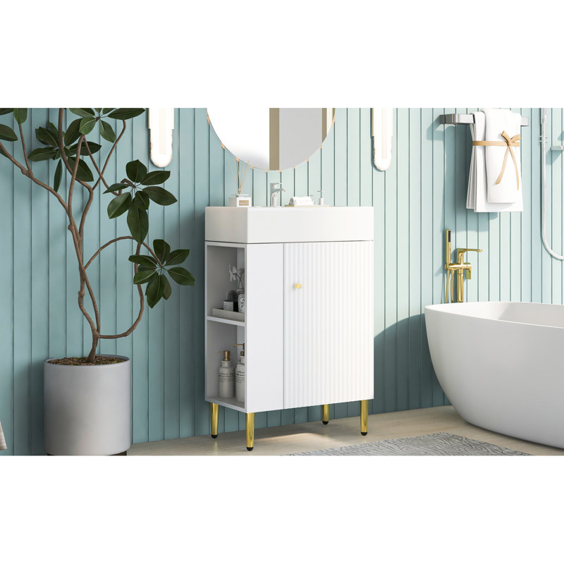 Meuble-lavabo de 21,6 po en blanc, lavabo en céramique, armoire de rangement du côté gauche, porte à fermeture en douceur pour un intérieur calme, grand rangement, chic moderne avec évier - coquille, pièce, entrée