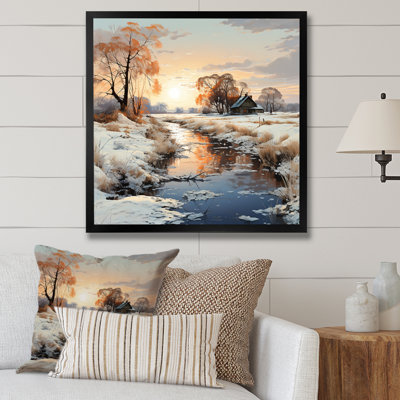 Ferme et rivière, paysage d'hiver - reproduction