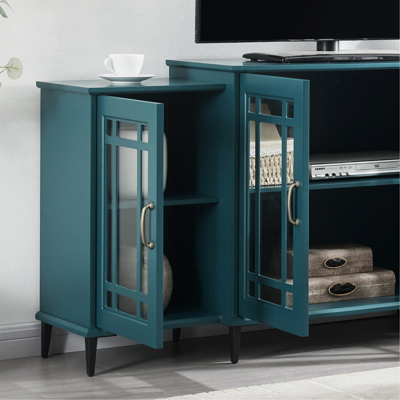 Buffet de 62 po en bleu sarcelle, fabriqué en verre trempé pour la durabilité, unité de construction, 8 pieds en métal, portes, tablettes réglables, meubles spatiaux