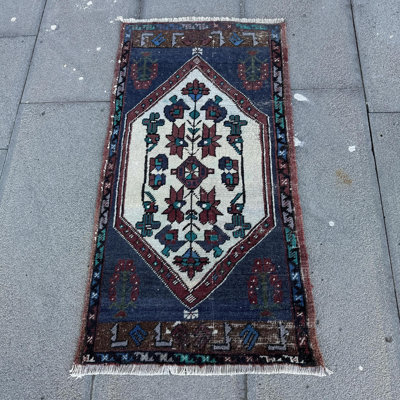 Vintage Oushak Turkish Bath Mat Rug in Blue - Small Antique Wool Floor Decor for Entryway
