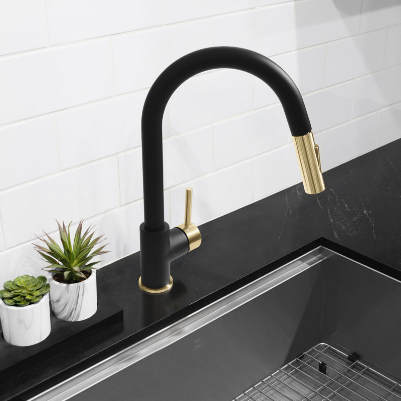 Robinet de cuisine à poignée simple ZLINE, Noir mat; bronze champagne