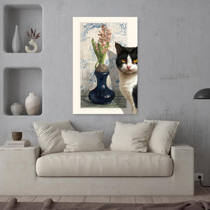 Chats et art, art contemporain, chat, jacinthe, fleur, art mural, H 36 po x l 24 po