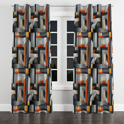 Orange And Grey Geometric Chic Pattern - Abstract Velvet Blackout Grommet Curtain - 1 Panel