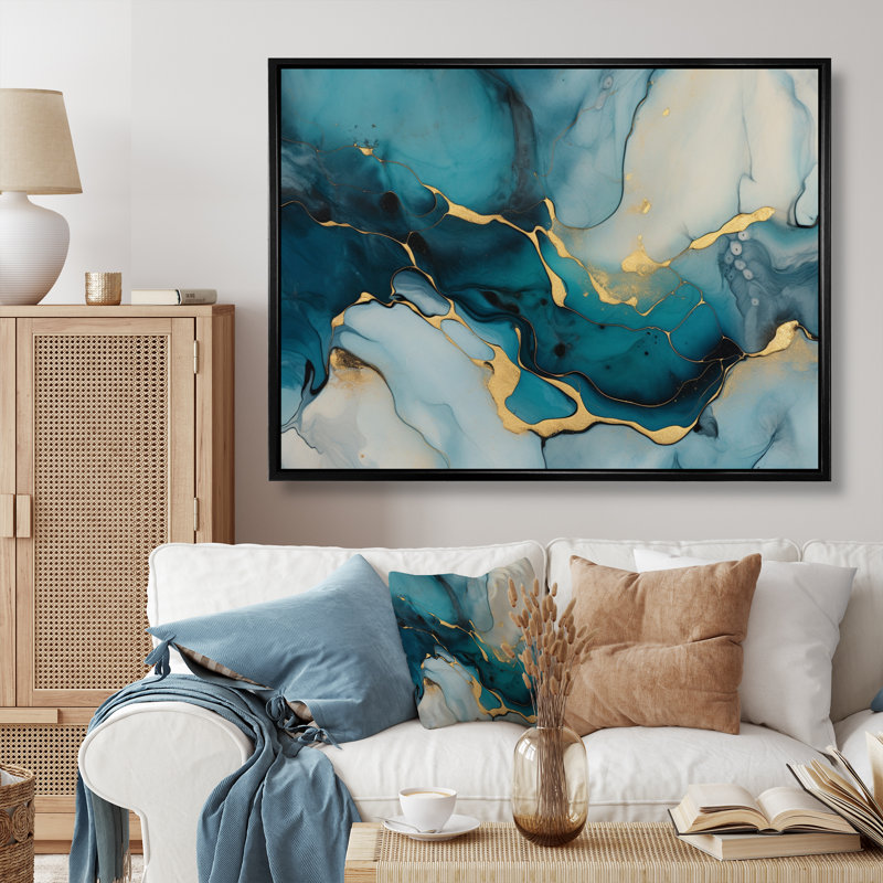Impression sur toile encadrée turquoise or infusée IV - Fractales, Cadre flottant noir, H 16 po x l 32 po x P 1 po