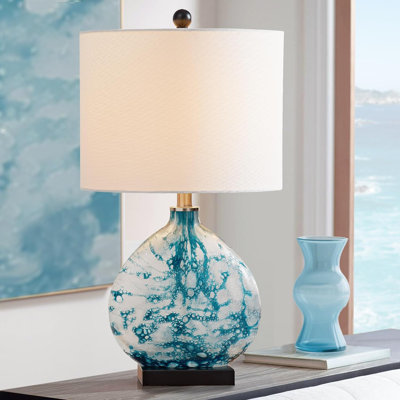 24" Coastal Glass Table Lamp With White Drum Shade, 3-Way Dimmable Bedside Lamp For Living Room & Bedroom, Handcrafted Blue Glass Base, E26 Socket (Bulb Not Included)