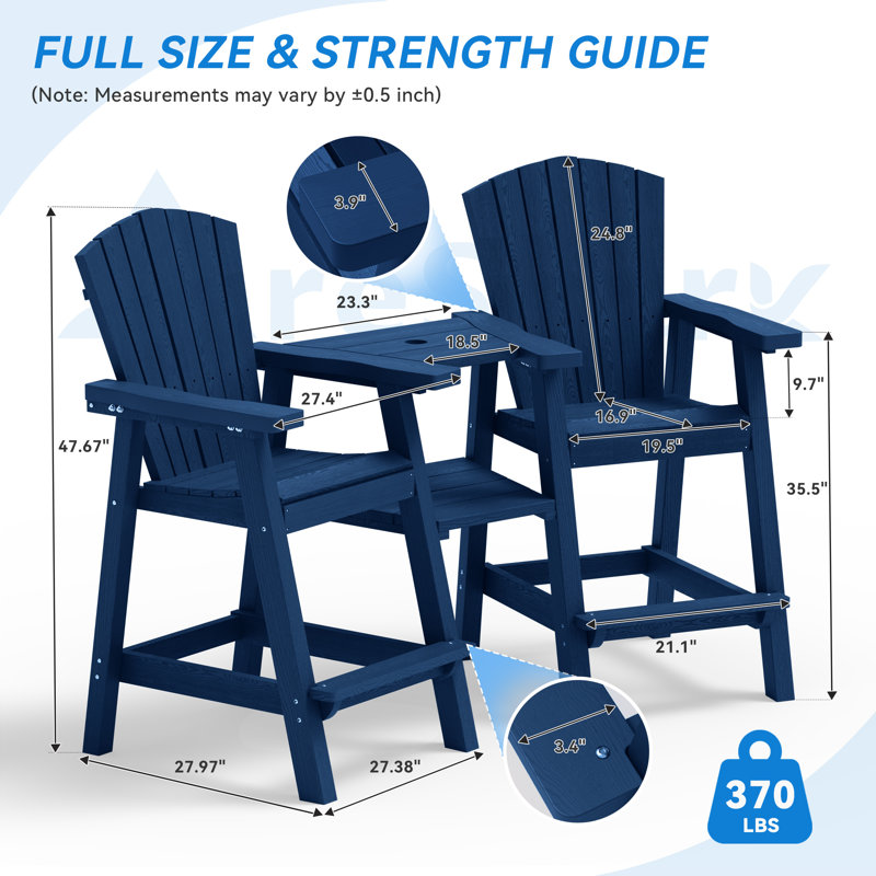 HDPE Tall Adirondack Chair Set with Removable Double Connecting Trays (Set of 2), Navy