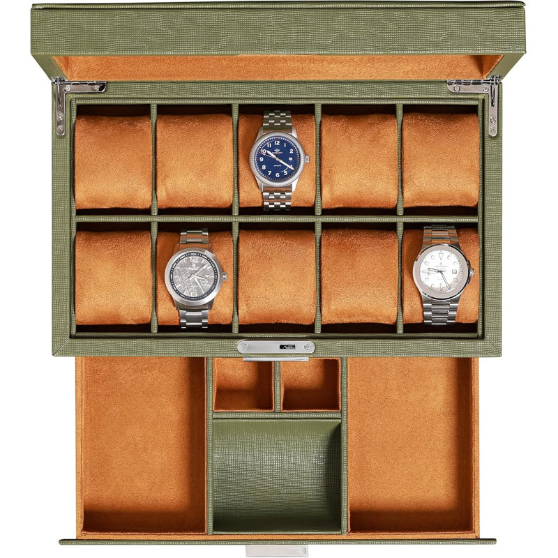 10-Slot Watch Box in Leather with Valet Drawer, Luxury Watch Case Display Organizer with Ultra Soft Microsuede Liner