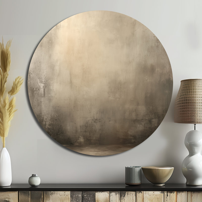 «Hazy Summer Landscape In Beige By The Lake», art mural rond abstrait en métal minimalisme, L 29 po x H 29 po